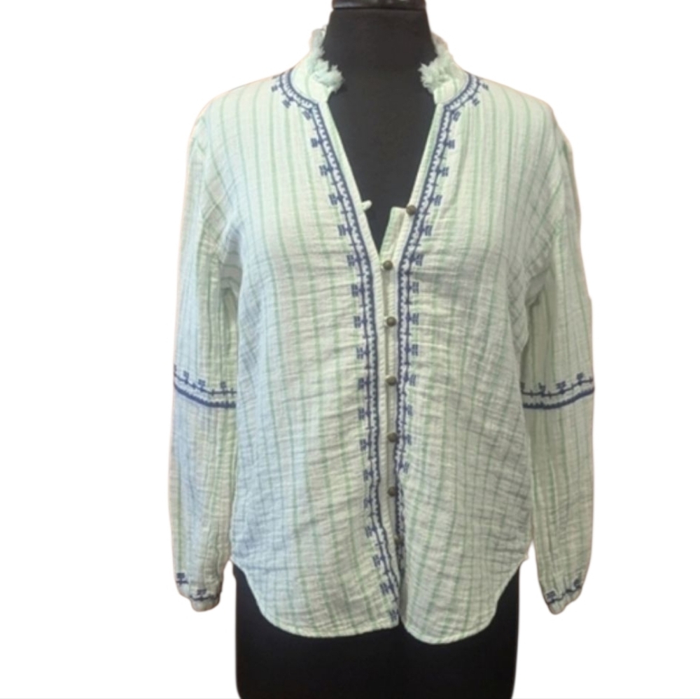 Nic+Zoe XS Green White Top Button Down Shirt Mandarin Collar Embroidered